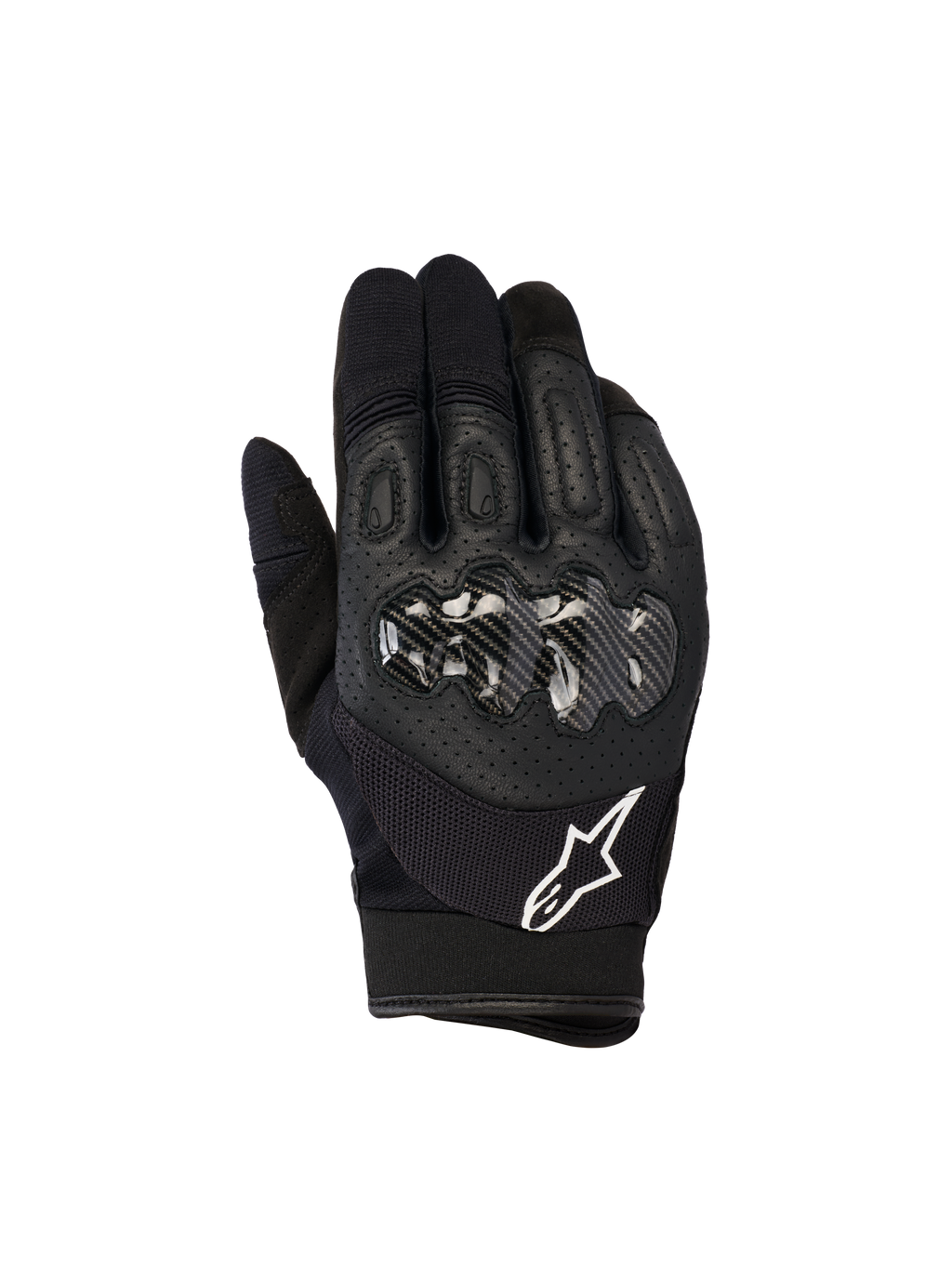 Alpinestars Megawatt V2 handskar, motocross- och endurohandskar, svarta, hårt knogskydd med kolfiberfinish, perforerat läder på ovansidan för andningsförmåga, vit Alpinestars-logotyp på mudden, hållbart skydd för terrängkörning