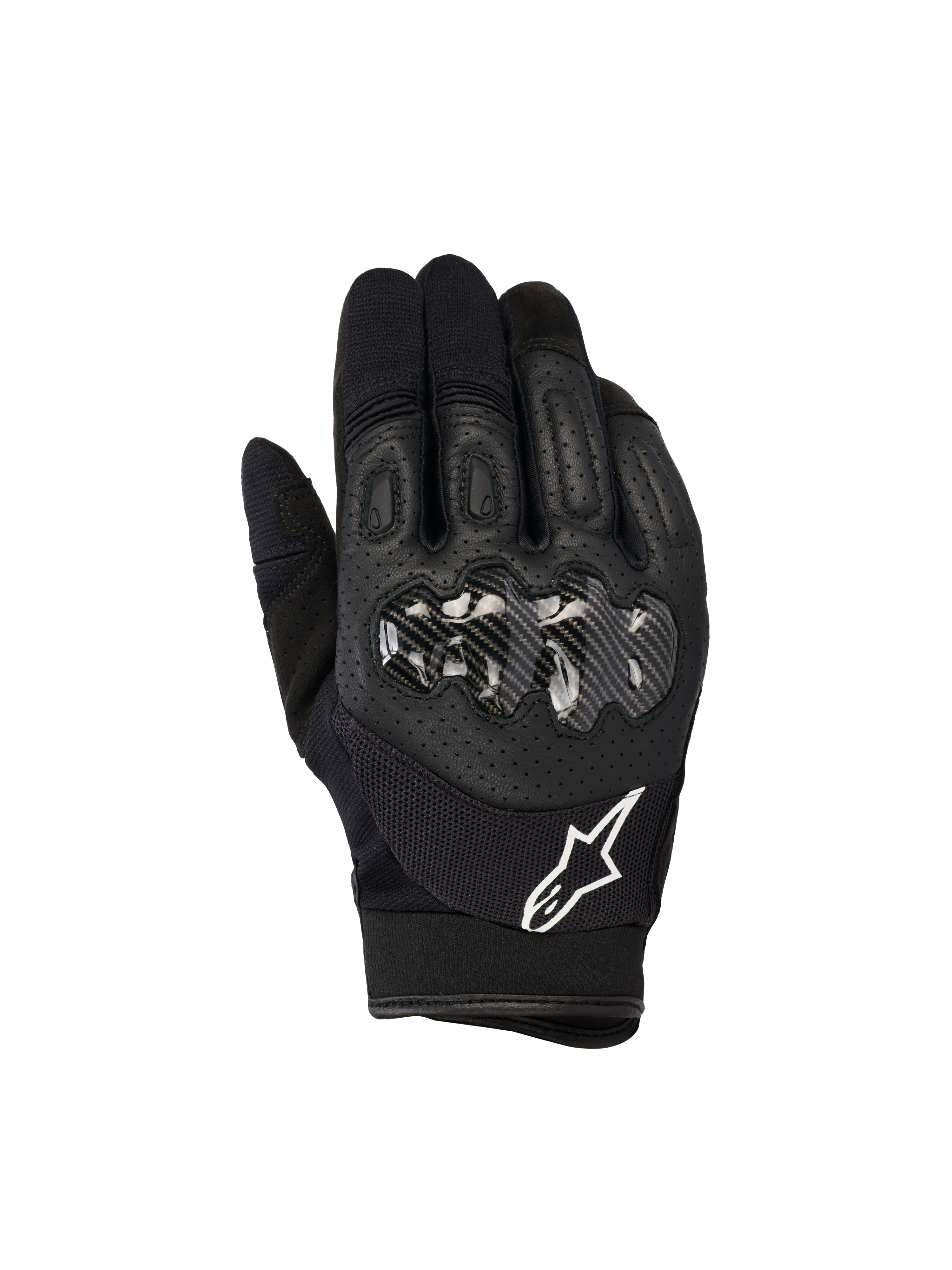 Alpinestars Megawatt V2 handskar, motocross- och endurohandskar, svarta, hårt knogskydd med kolfiberfinish, perforerat läder på ovansidan för andningsförmåga, vit Alpinestars-logotyp på mudden, hållbart skydd för terrängkörning