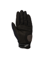 Alpinestars Megawatt V2-handskar, motocross- och endurohandskar, svarta, vy av handflatan med förstärkta tum- och handflatspartier, perforerade detaljer för luftflöde och kardborrestängning vid handleden med Alpinestars-logotypen.
