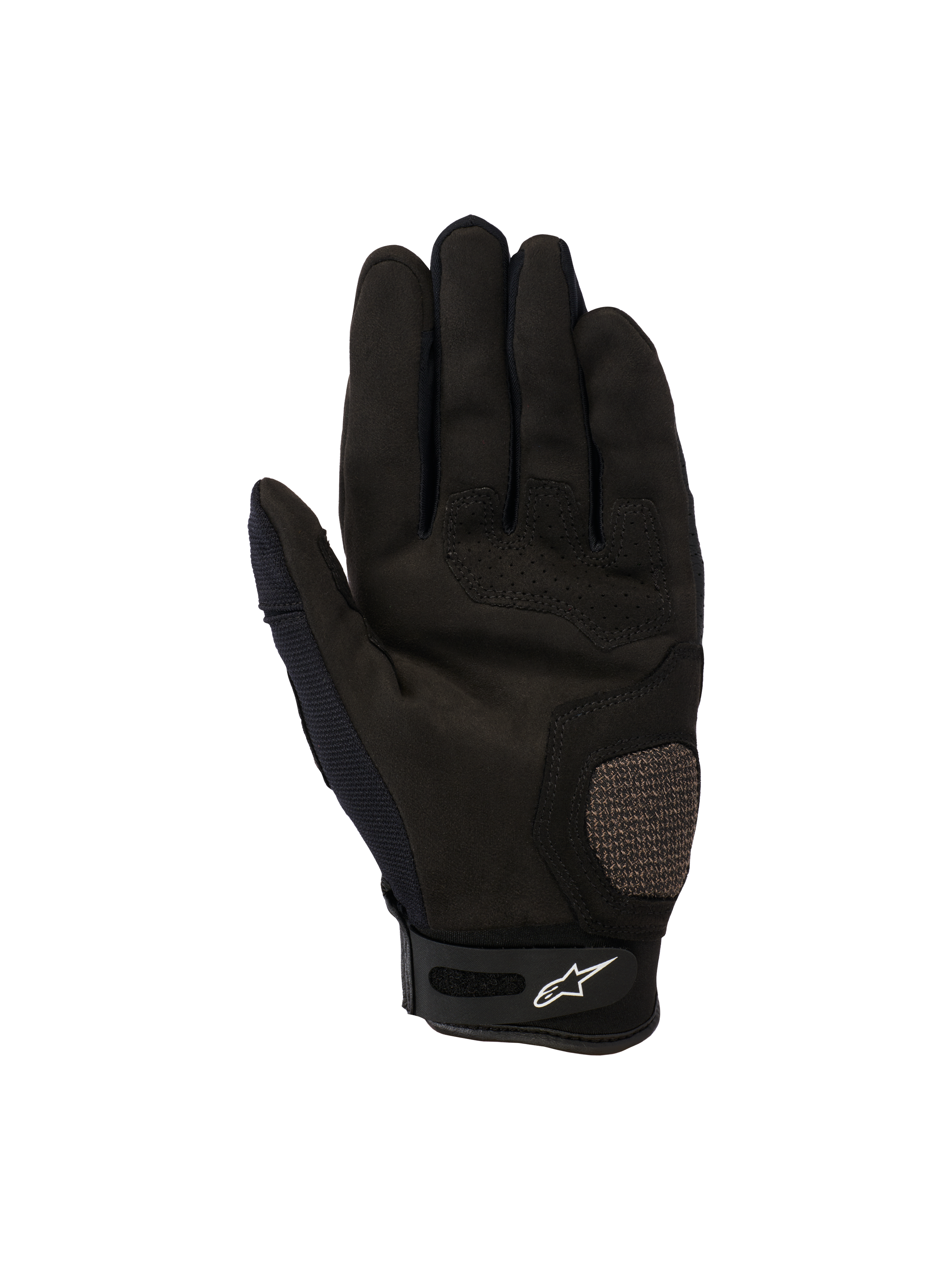 Alpinestars Megawatt V2-handskar, motocross- och endurohandskar, svarta, vy av handflatan med förstärkta tum- och handflatspartier, perforerade detaljer för luftflöde och kardborrestängning vid handleden med Alpinestars-logotypen.