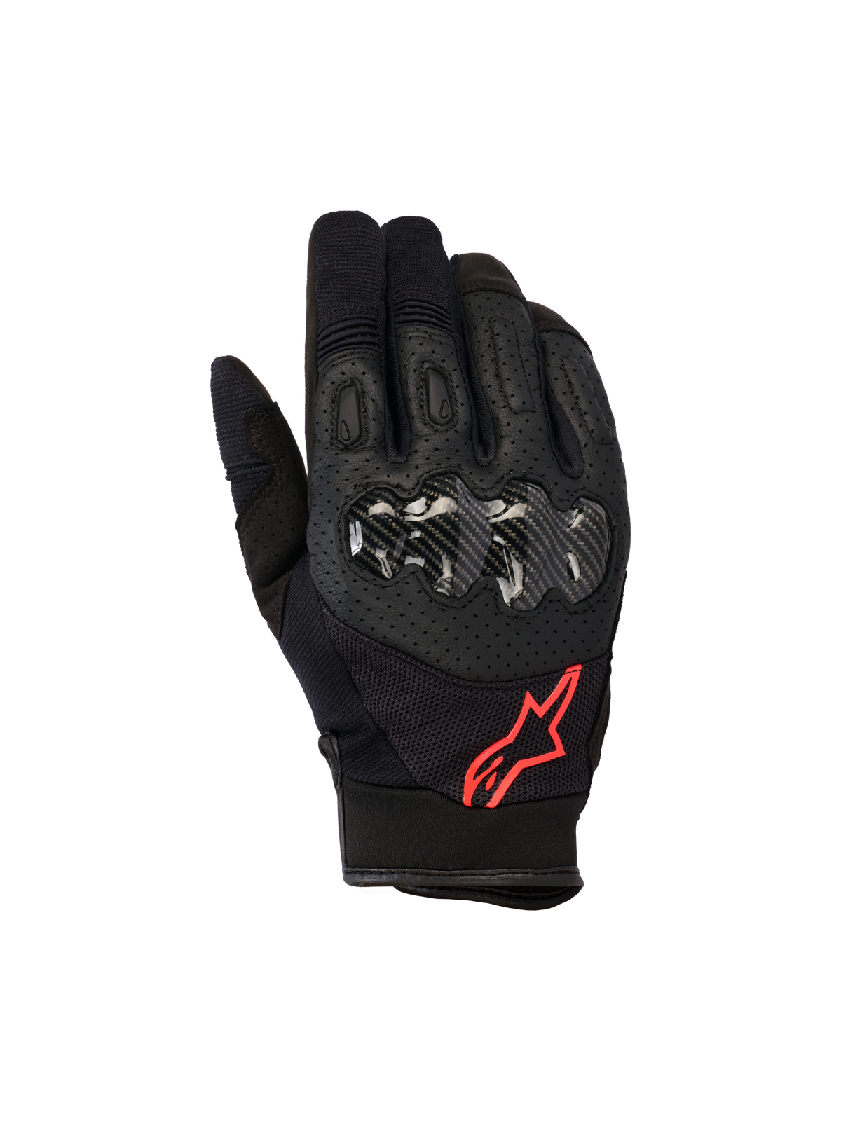 Alpinestars Megawatt V2 handskar, motocrosshandskar, svart och fluorescerande röd, med kolfibertexturerat hårt knogskydd, perforerat läder för ventilation och röd stjärnlogotyp, hållbar off-road-utrustning