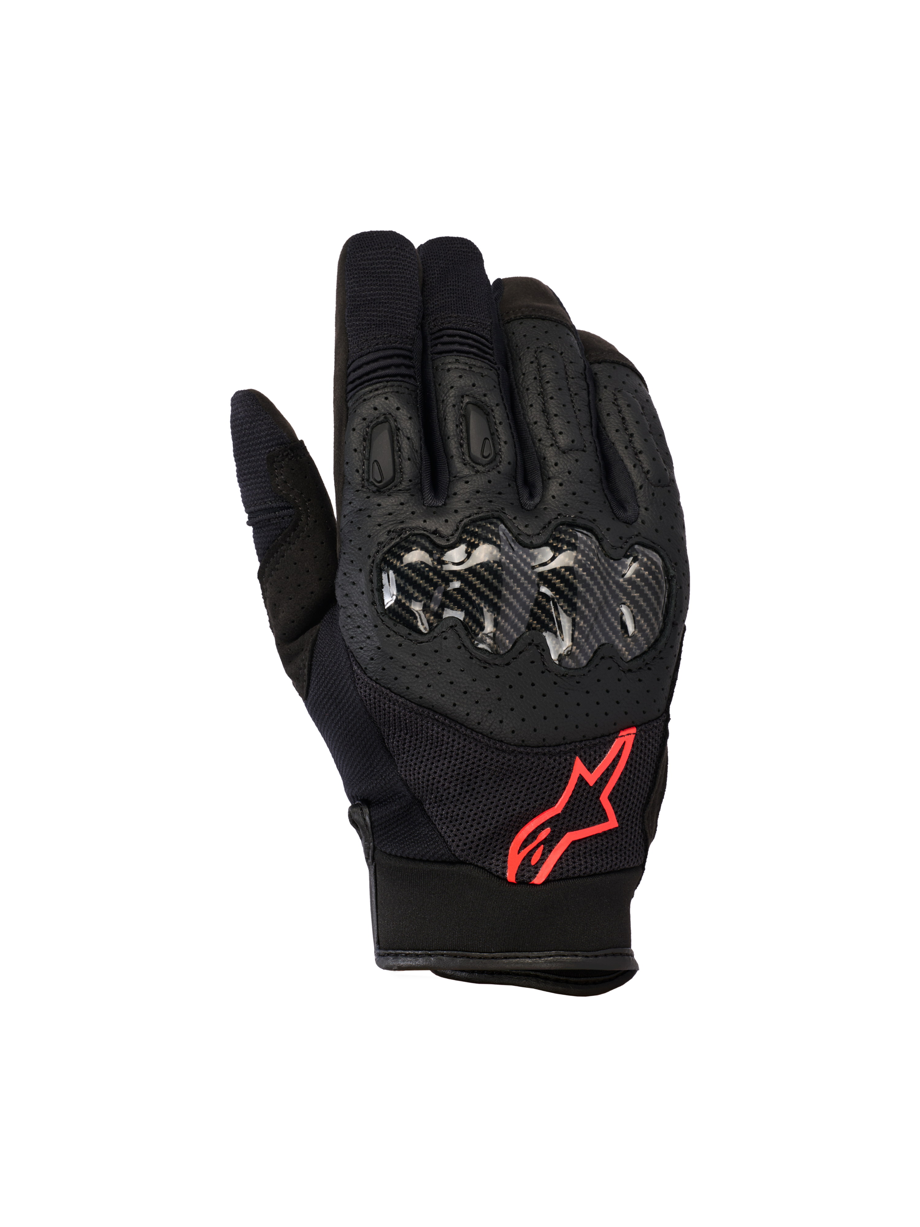 Alpinestars Megawatt V2 handskar, motocrosshandskar, svart och fluorescerande röd, med kolfibertexturerat hårt knogskydd, perforerat läder för ventilation och röd stjärnlogotyp, hållbar off-road-utrustning