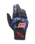 Alpinestars FQ20 Copper Gloves, urban motorcycle gloves, black with blue graphics and bright red accents, featuring the red horned number 20 and "El Diablo" text on the index finger, mesh fabric construction with a short-cuff design
