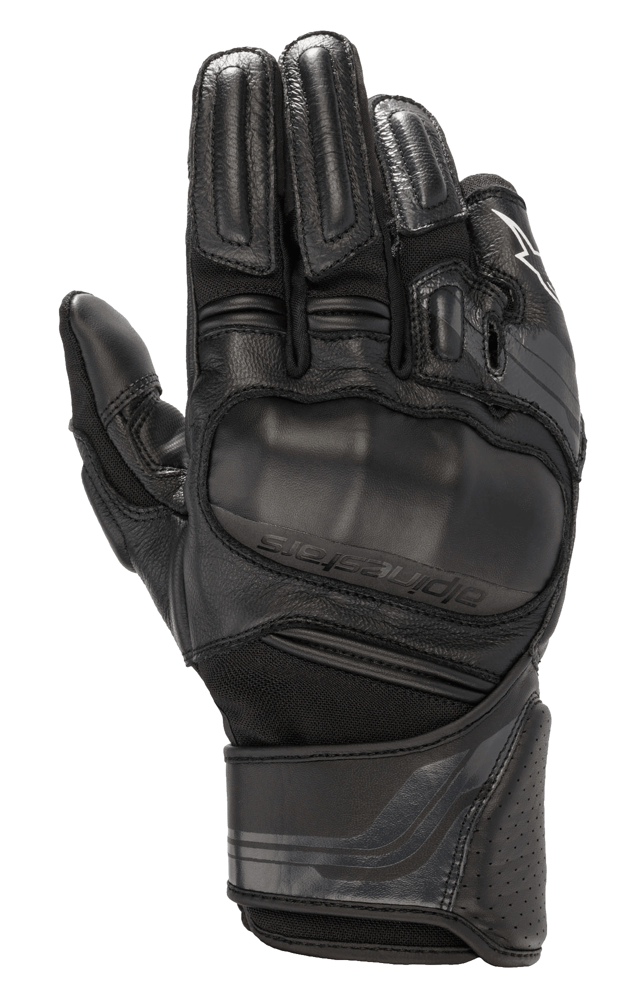 Alpinestars Booster V2 handskar, svarta motorcykelhandskar med formgjutet viskoelastiskt knogskydd, flerpanelig konstruktion i läder och textil, vadderat fingerskydd, perforerad lädermanschett och justerbar handledsrem