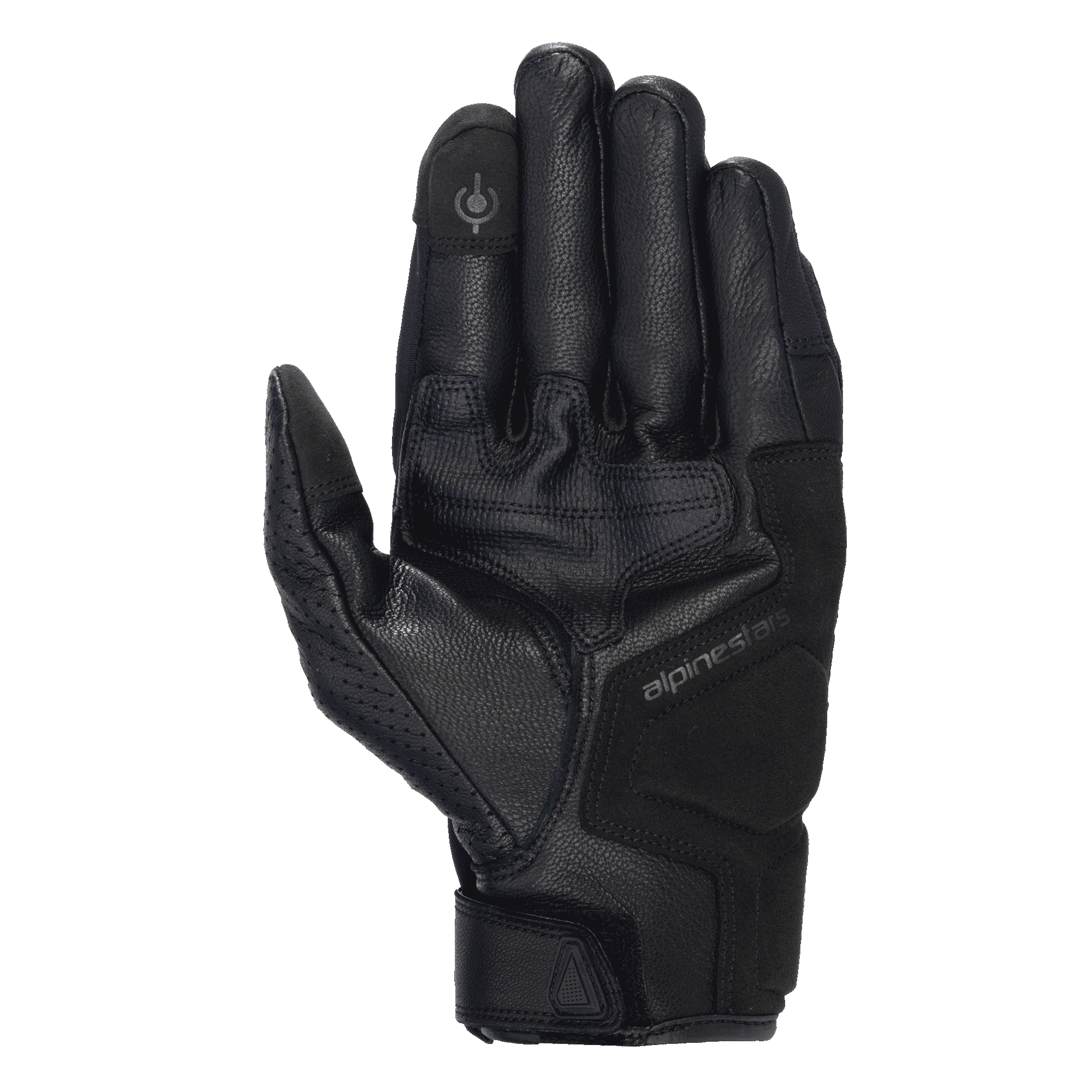 Alpinestars Celer V3-handskar, svarta motorcykelhandskar i läder, vy över handflatan som visar förstärkt vaddering och pekskärmskompatibel fingertopp, slitstarkt getskinn med diskret Alpinestars-logotyp, utrustning för landsvägskörning med kort manschett