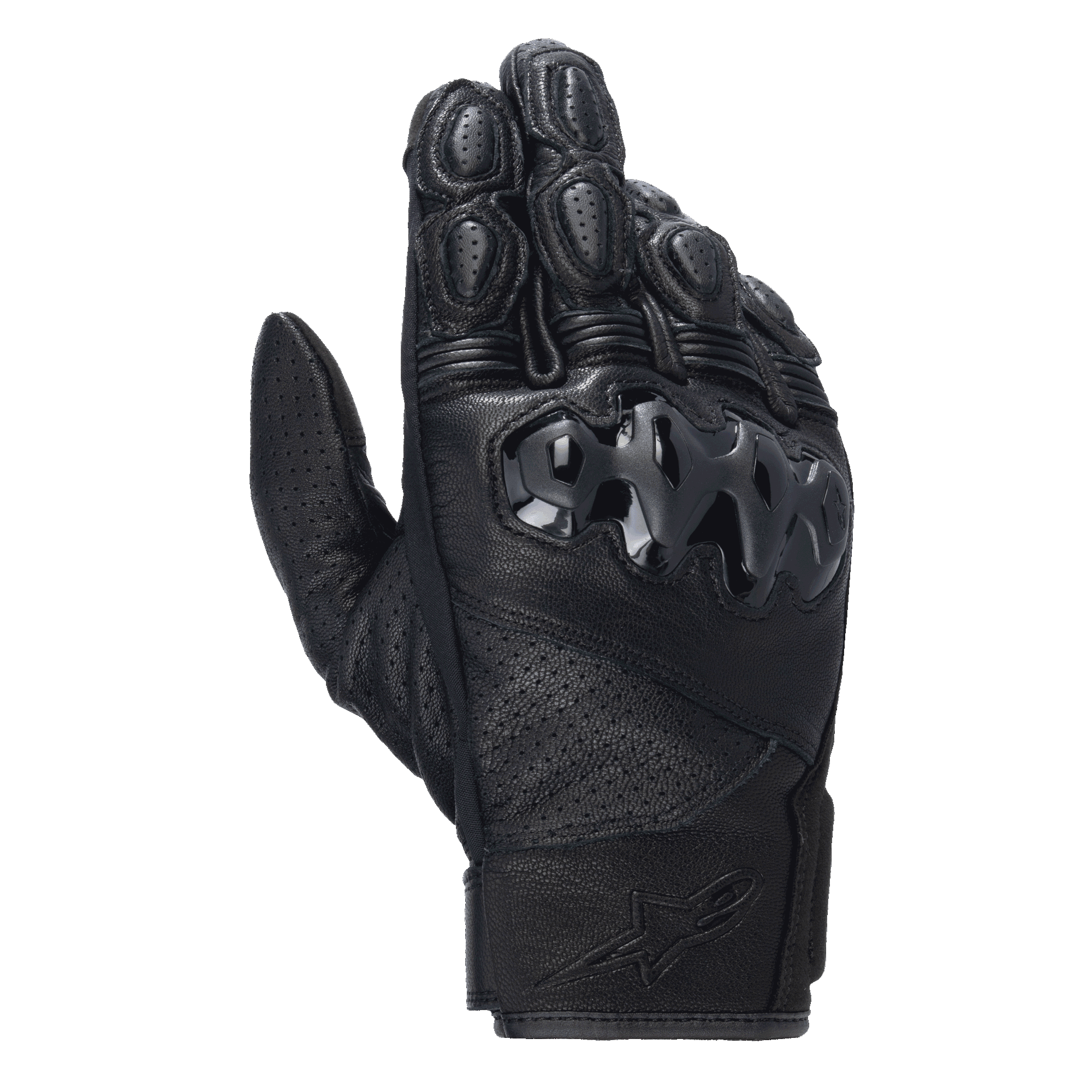 Alpinestars Celer V3 handskar, svarta motorcykelhandskar i läder med kort manschett, med hårt PU-knogskydd och perforerade läderpaneler, designade för landsvägs- och stadskörning med präglad logotyp
