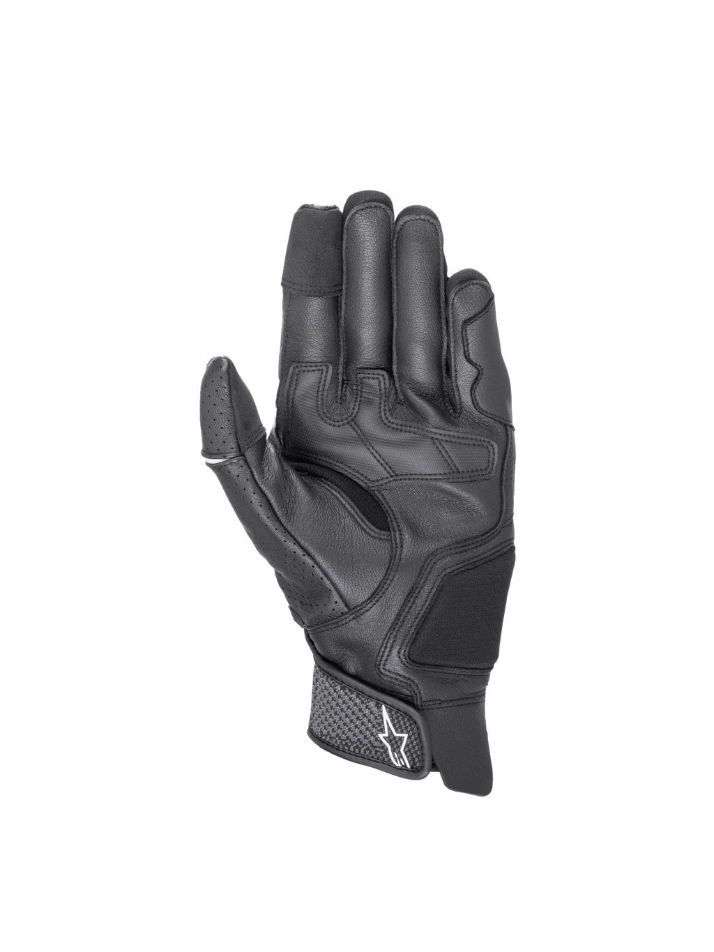 Alpinestars Morph Sport handskar, svarta motorcykelhandskar i läder och textil, palmvy med pekskärmskompatibla fingertoppar.
