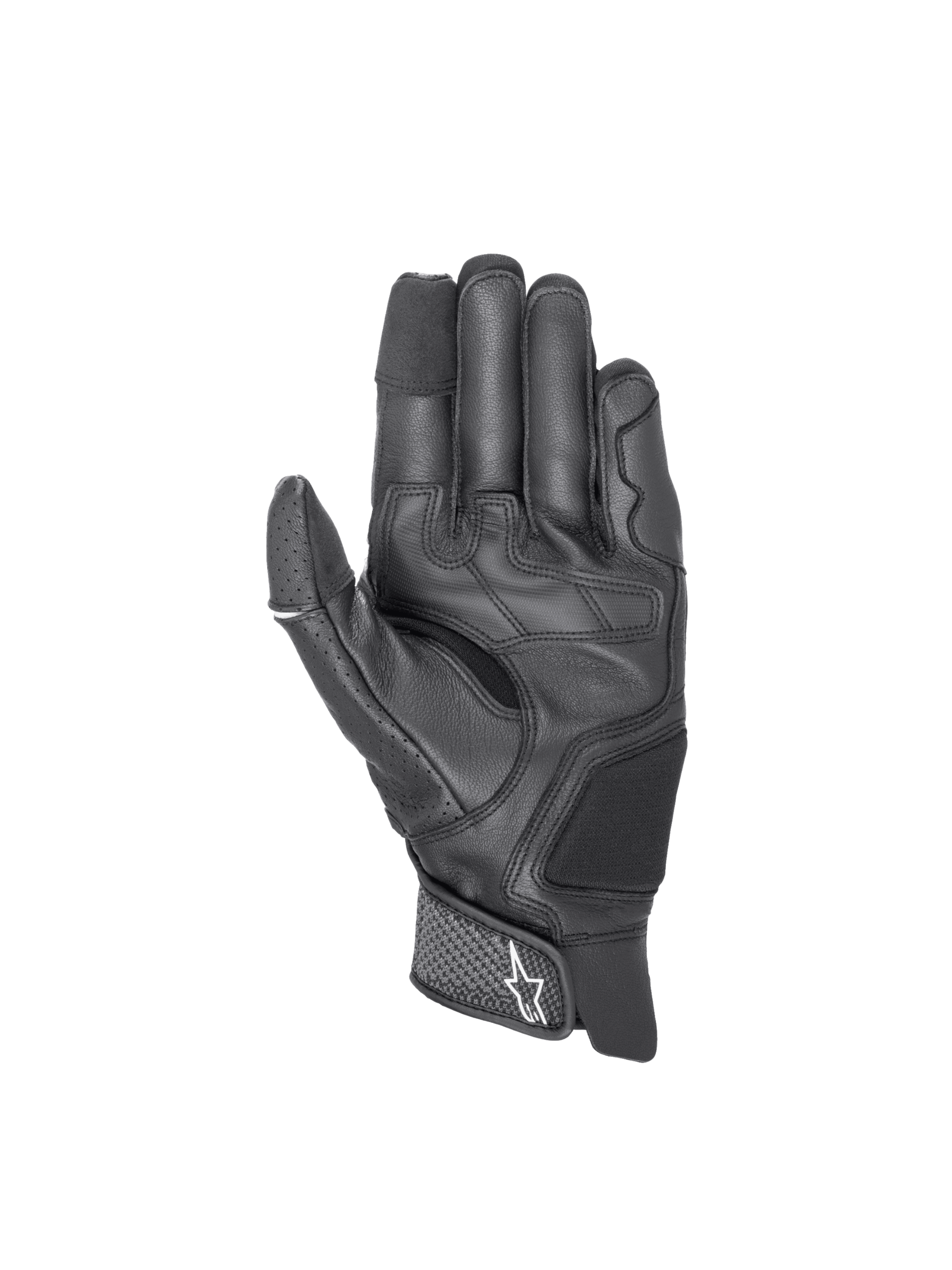 Alpinestars Morph Sport handskar, svarta motorcykelhandskar i läder och textil, palmvy med pekskärmskompatibla fingertoppar.