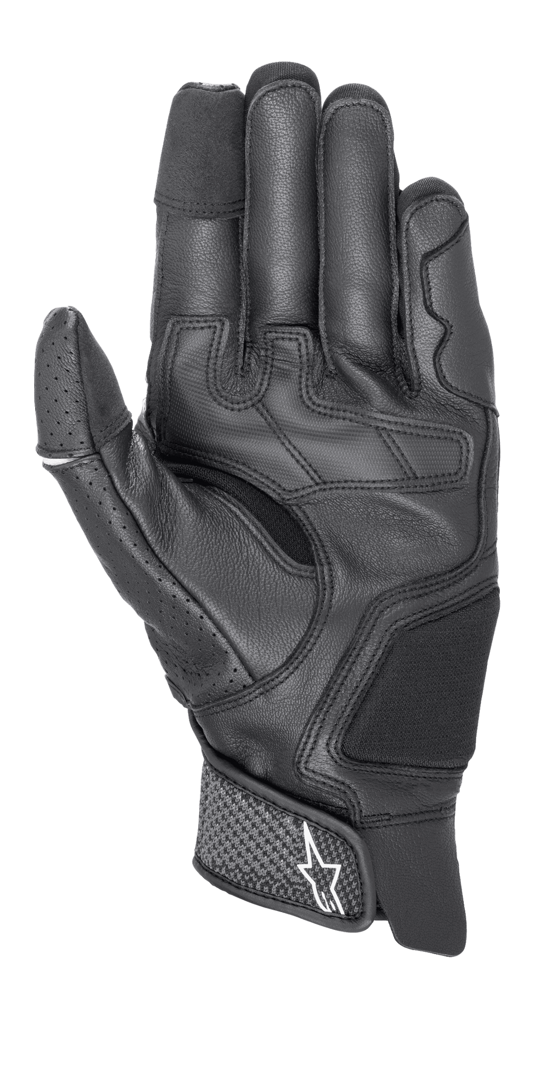 Alpinestars Morph Sport Gloves, Black, palm view featuring reinforced leather panels, stretch inserts for dexterity, and a short cuff with a white Astars logo on the velcro closure.