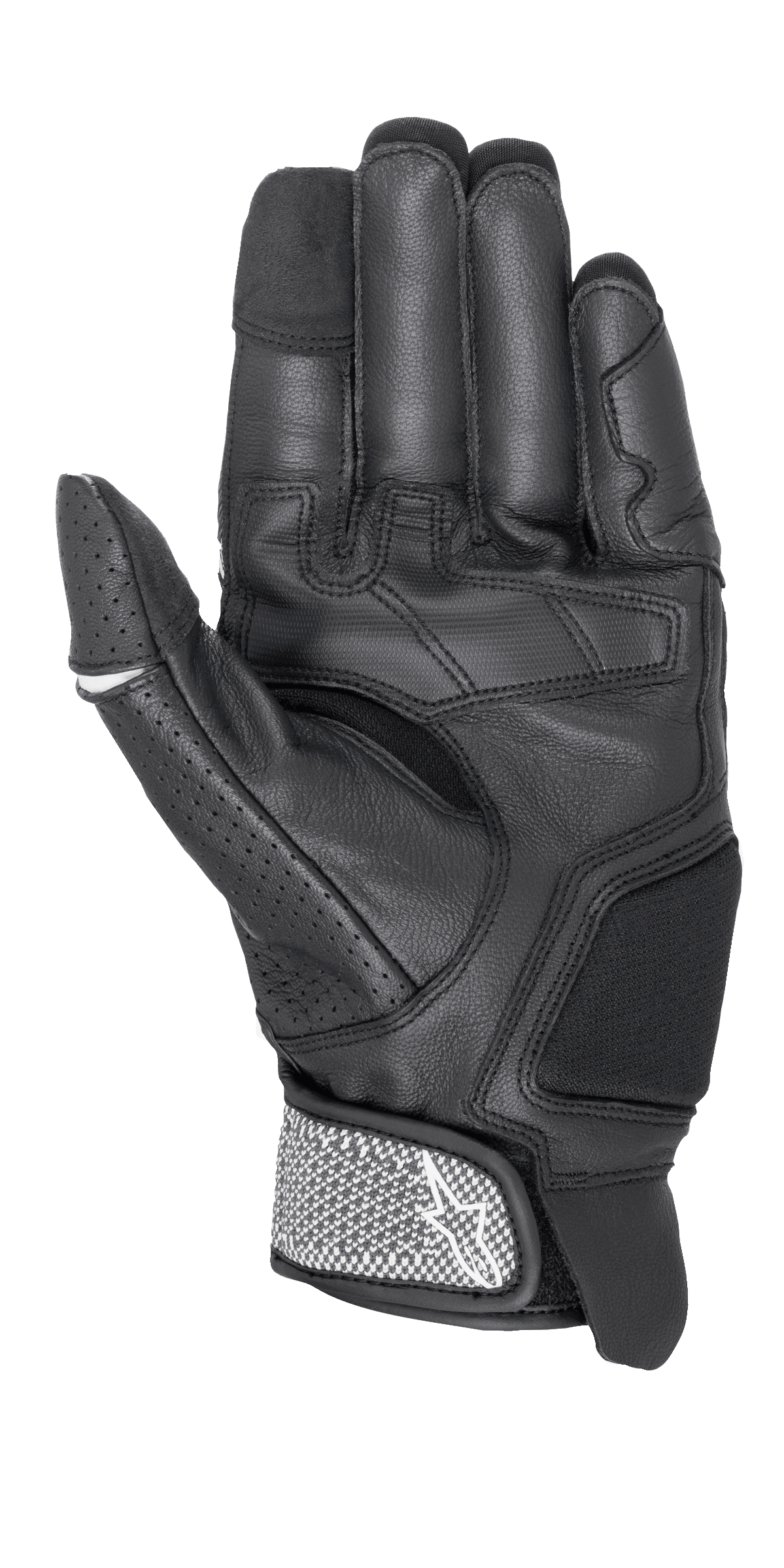 Alpinestars Morph Sport-handskar, motorcykelhandskar, svarta och vita, vy av handflatan som visar förstärkta paneler, perforerad tumme och texturerad handledsrem med Alpinestars-logotyp