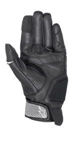Alpinestars Morph Sport-handskar, motorcykelhandskar, svarta och vita, vy av handflatan som visar förstärkta paneler, perforerad tumme och texturerad handledsrem med Alpinestars-logotyp