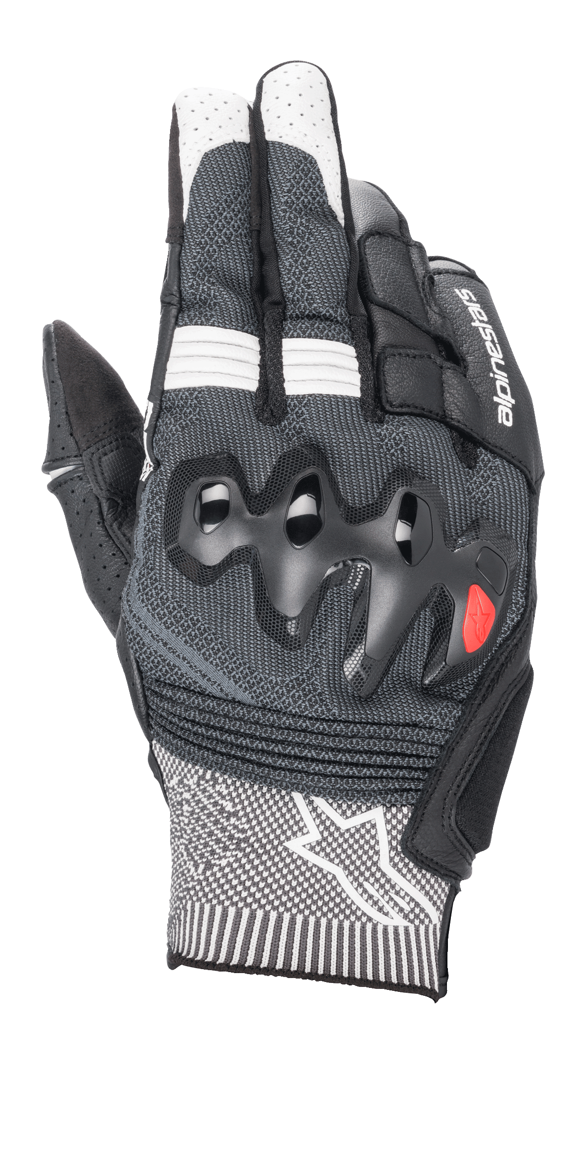 Alpinestars Morph Sport-handskar, motorcykelhandskar, svarta och vita, med grå MorphTech Weave-handrygg, överinjicerat knogskydd, RIDEKNIT-insatser och vit stjärnlogotyp på manschetten