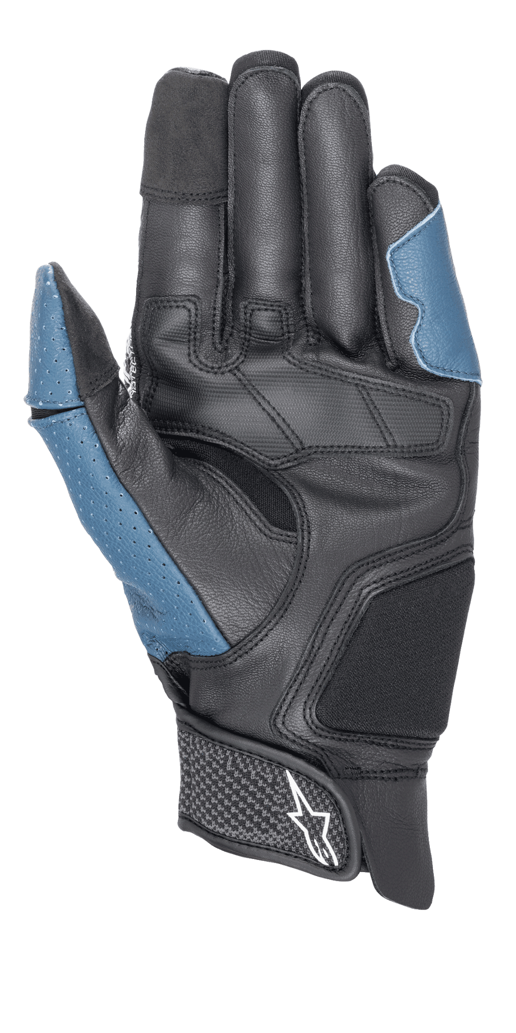 Alpinestars Morph Sport-handskar, vy från handflatan, svart och blå sodalit, med förstärkt läderhandflata, perforerade blå paneler på tummen och utsidan, kort mudd med kardborreband och Alpinestars-logotyp, prestandautrustning för sport- och landsvägskörning