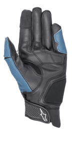 Alpinestars Morph Sport-handskar, vy från handflatan, svart och blå sodalit, med förstärkt läderhandflata, perforerade blå paneler på tummen och utsidan, kort mudd med kardborreband och Alpinestars-logotyp, prestandautrustning för sport- och landsvägskörning