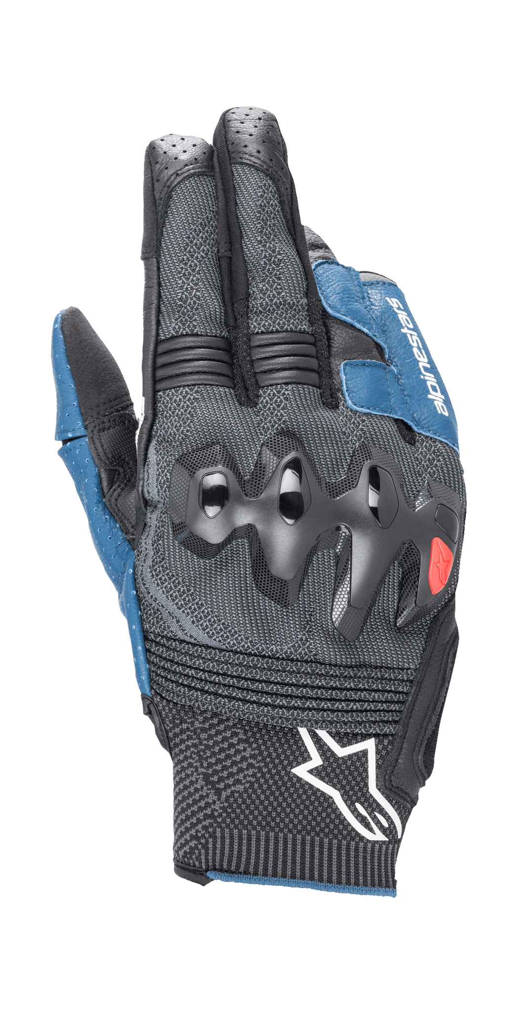 Alpinestars Morph Sport handskar, motorcykelhandskar, svarta och blå Sodalite, med övergjutna knogskydd, MorphTech Weave-bakhand med RIDEKNIT-insatser, vit stjärnlogotyp på mudden, tekniskt texturerat tyg för roadracing