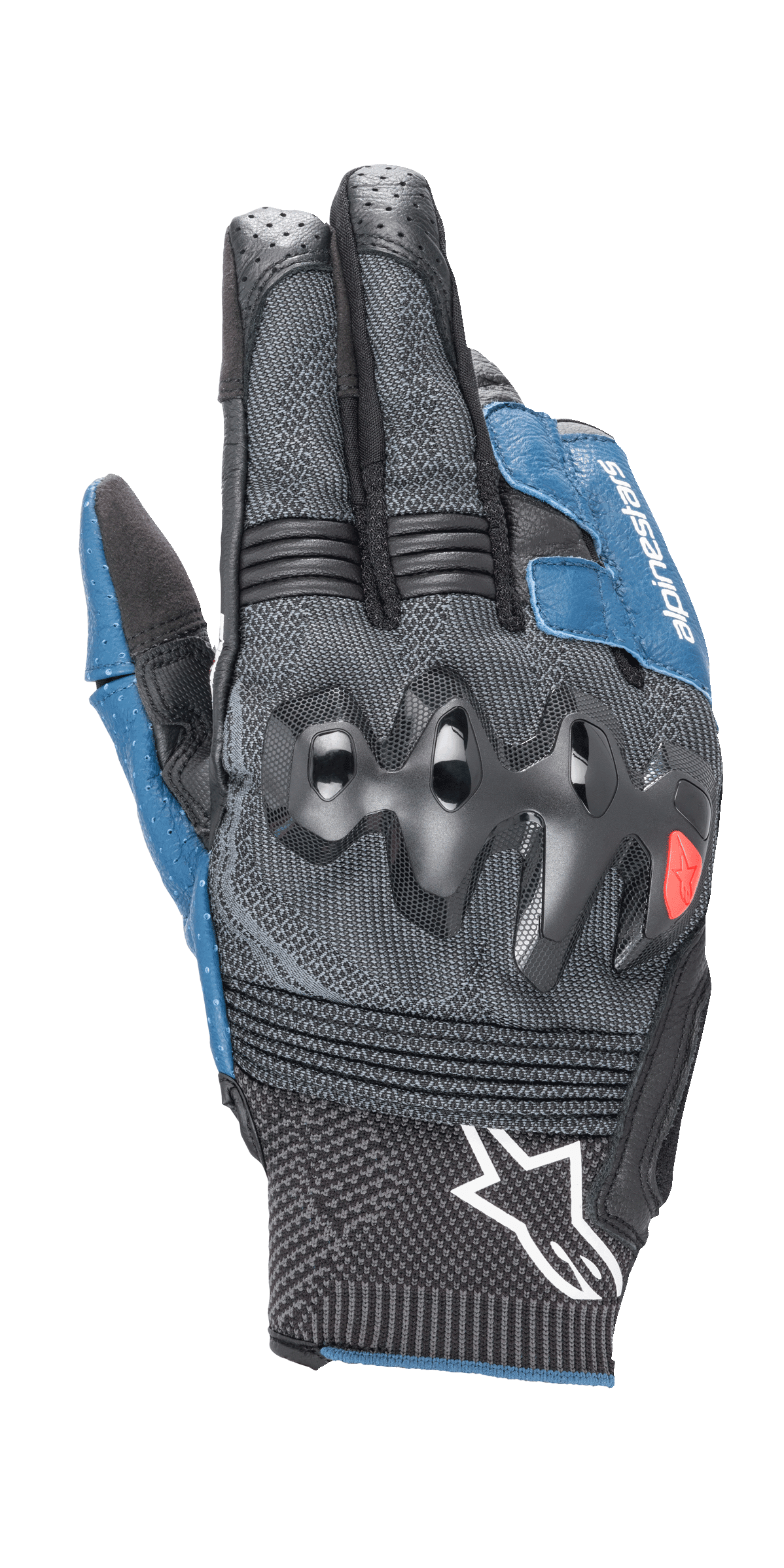 Alpinestars Morph Sport handskar, motorcykelhandskar, svarta och blå Sodalite, med övergjutna knogskydd, MorphTech Weave-bakhand med RIDEKNIT-insatser, vit stjärnlogotyp på mudden, tekniskt texturerat tyg för roadracing