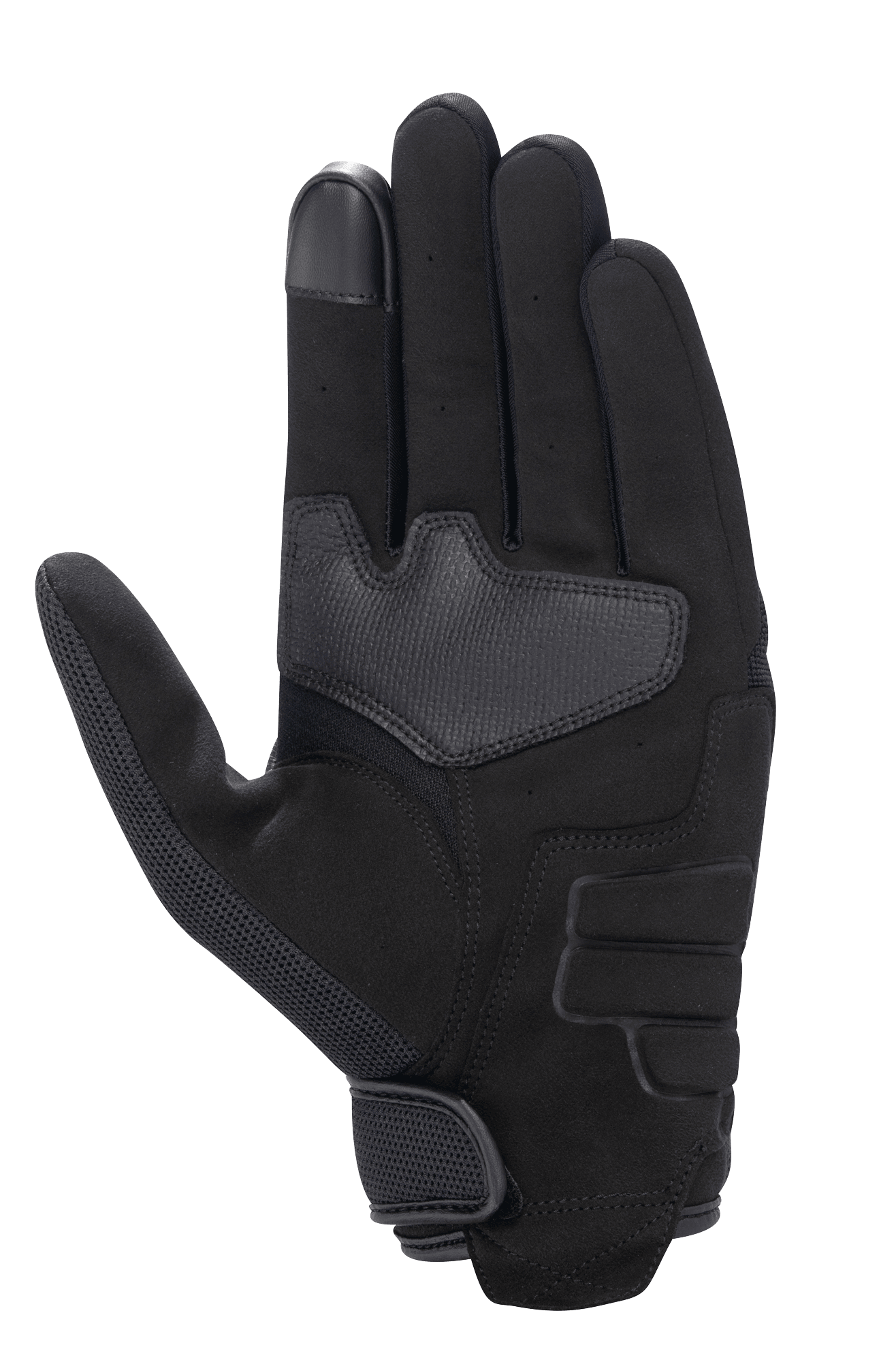Alpinestars Honda Copper Glove, svart, handflatsvy av urban motorcykelhandske med konstruktion i syntetisk mocka, förstärkt handflata, pekskärmskompatibel fingertopp och kardborreknäppning vid handleden.