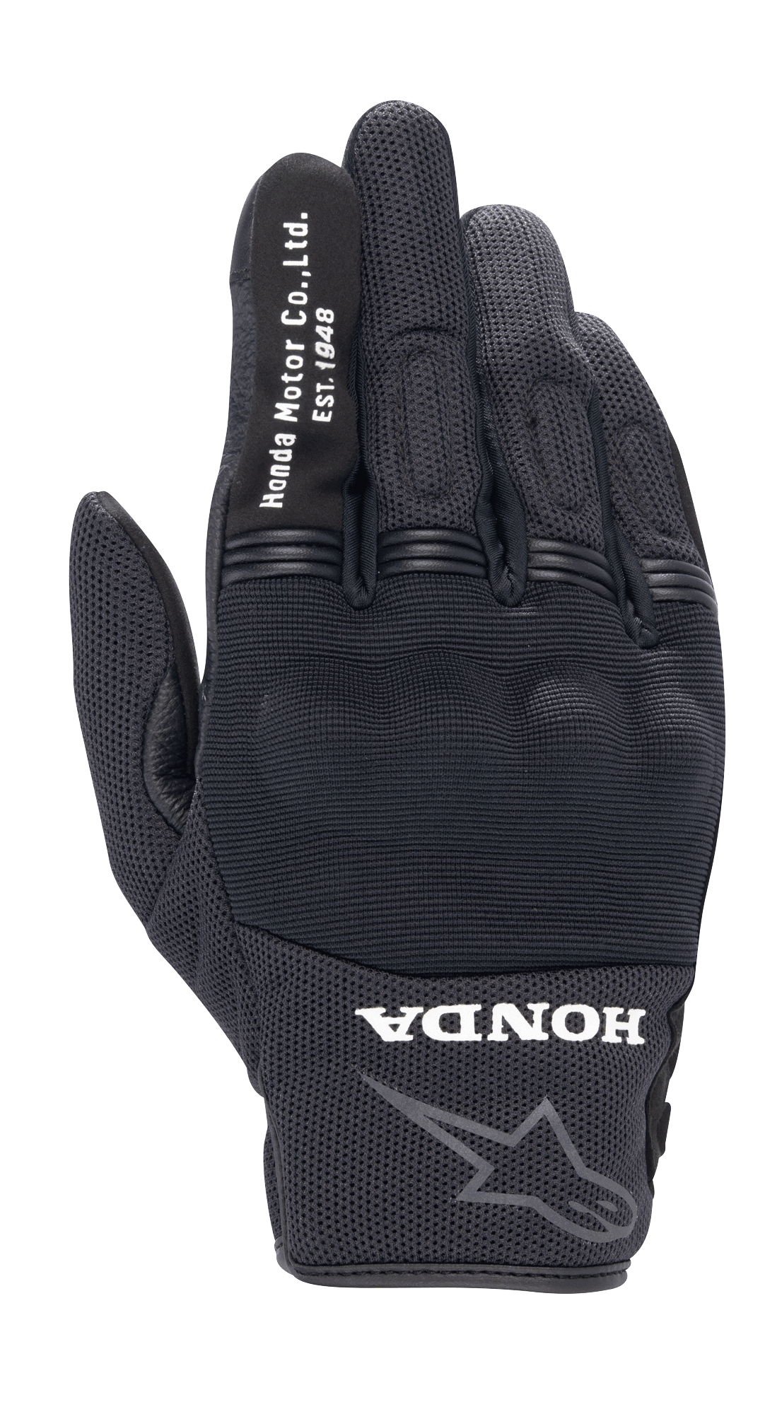 Alpinestars Honda Copper Glove, svart urban motorcykelhandske, texturerad mesh-konstruktion, vit text 'Honda Motor Co. Ltd. Est. 1948' på pekfingret, 'HONDA'-logotyp och Alpinestars-stjärna på handleden, hårt knogskydd, lätt utrustning för landsvägskörning