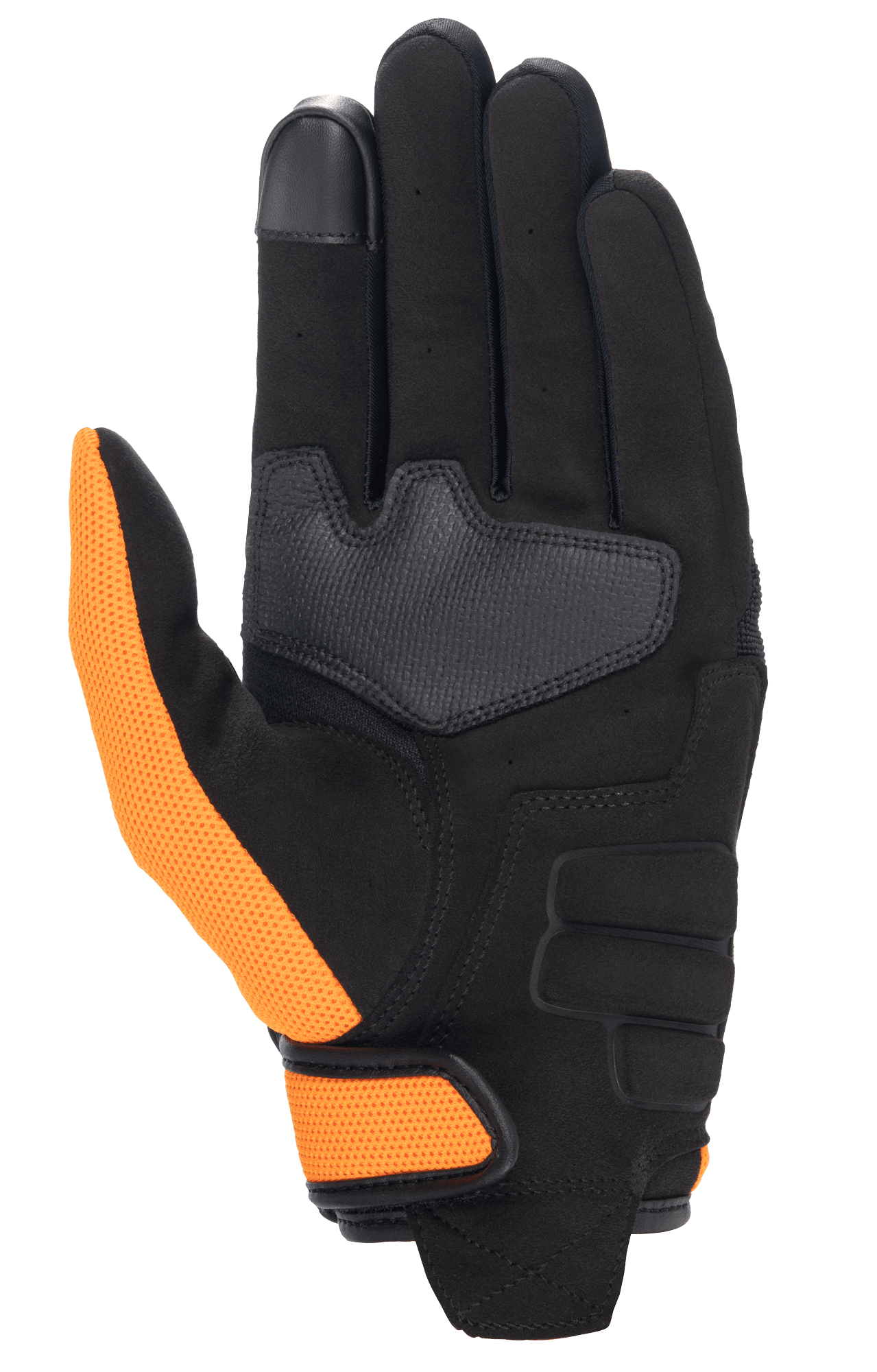 Honda Copper-handske, motorcykelhandske, svart och orange, handflatevy med en handflata i syntetmocka, orange mesh-tumme och handledsrem samt pekskärmskompatibel pekfingertopp.