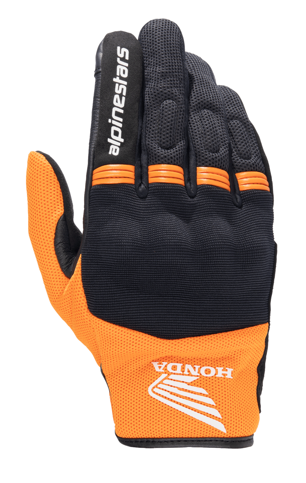 Alpinestars Honda Copper Glove, lätt urban motorcykelhandske, svart och orange, med Honda-vinglogotyp på handleden, Alpinestars-text på pekfingret, mesh-konstruktion och orangea dragspelspaneler på knogarna.