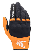 Alpinestars Honda Copper Glove, lätt urban motorcykelhandske, svart och orange, med Honda-vinglogotyp på handleden, Alpinestars-text på pekfingret, mesh-konstruktion och orangea dragspelspaneler på knogarna.