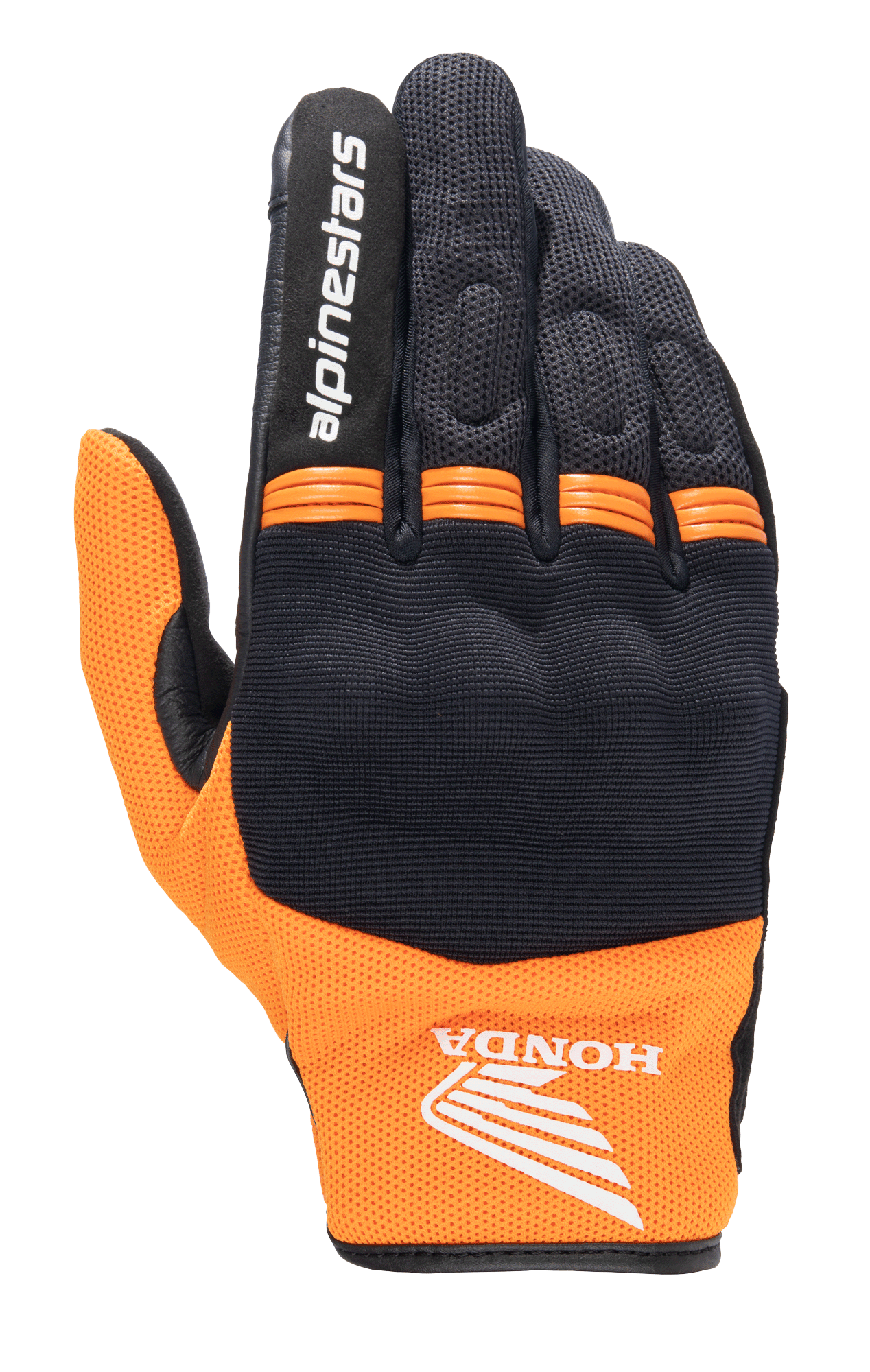 Alpinestars Honda Copper Glove, lätt urban motorcykelhandske, svart och orange, med Honda-vinglogotyp på handleden, Alpinestars-text på pekfingret, mesh-konstruktion och orangea dragspelspaneler på knogarna.