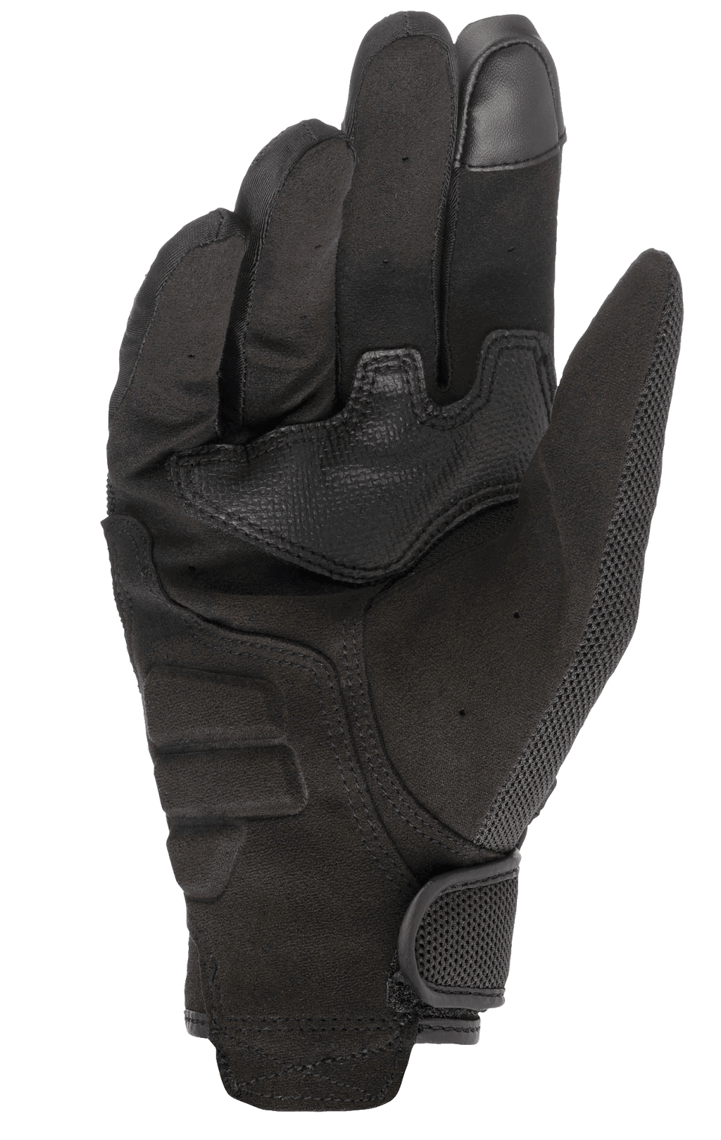 Alpinestars Copper Gloves, Urban Motorcycle Gloves, Black, palm side view featuring synthetic suede material, touchscreen compatible fingertip, reinforced palm padding, and secure hook and loop wrist closure