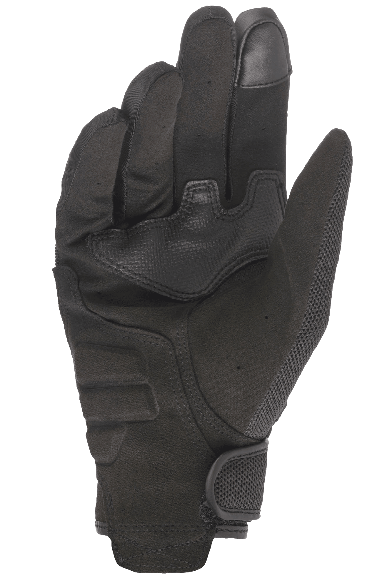 Alpinestars Copper Gloves, Urban Motorcycle Gloves, Black, palm side view showing synthetic suede construction, reinforced palm padding, touchscreen compatible index finger, and mesh details with a hook and loop wrist closure.