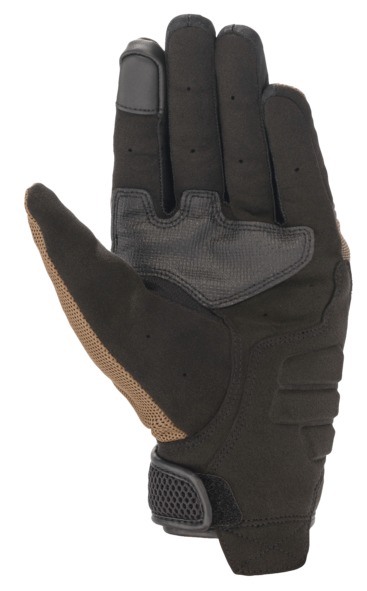 Alpinestars Copper Gloves, Urban Motorcycle Gloves, Teak and Black, palm view featuring synthetic suede construction, reinforced grip panels, touchscreen-compatible fingertip, and perforated finger details