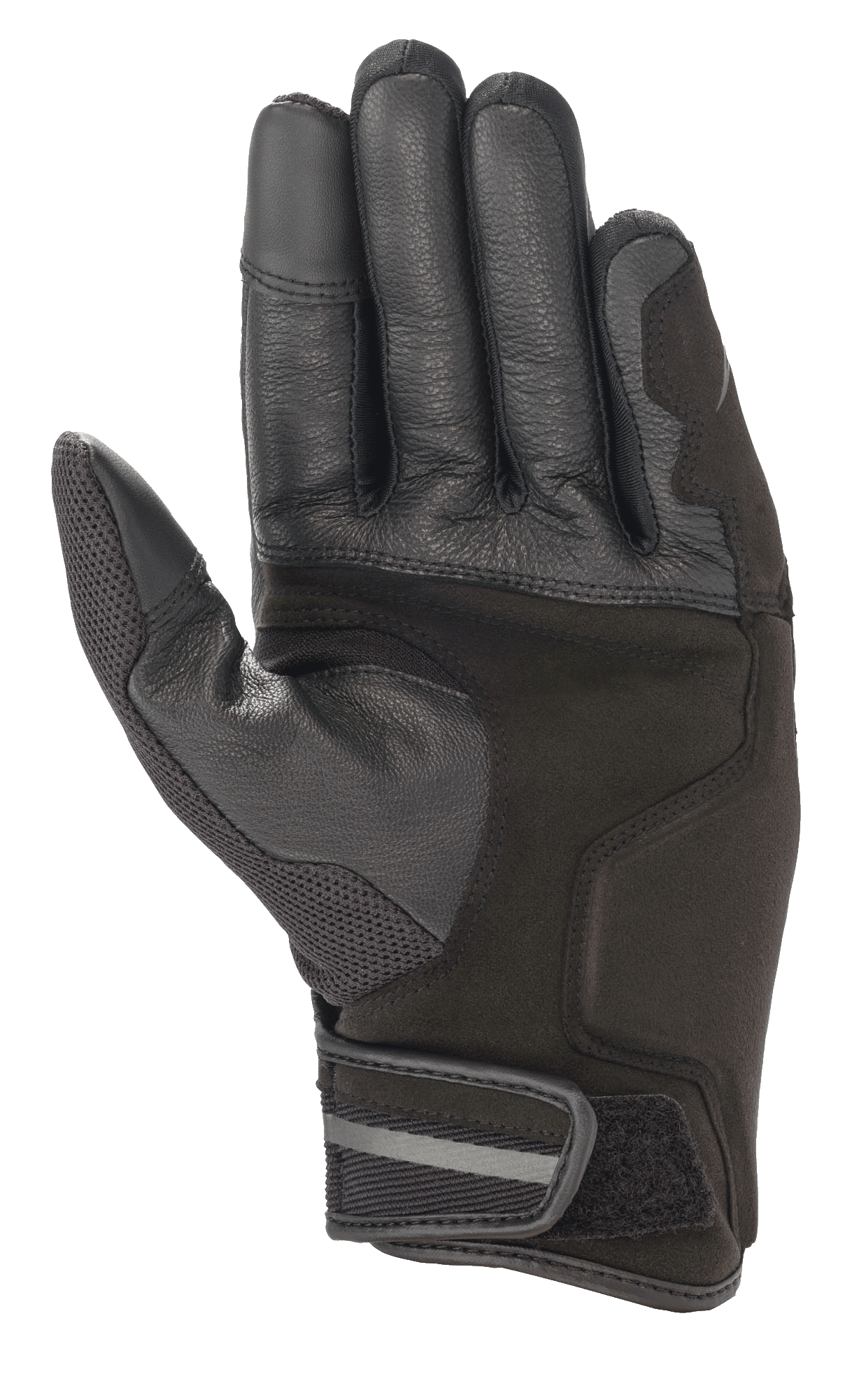 Alpinestars Chrome-handskar, motorcykelhandskar, färgkombinationen Black Forest, vy av handflatan med förstärkt läder- och syntetmockakonstruktion, tummepanel i mesh, kort manschett med justerbar kardborrestängning och reflexdetaljer
