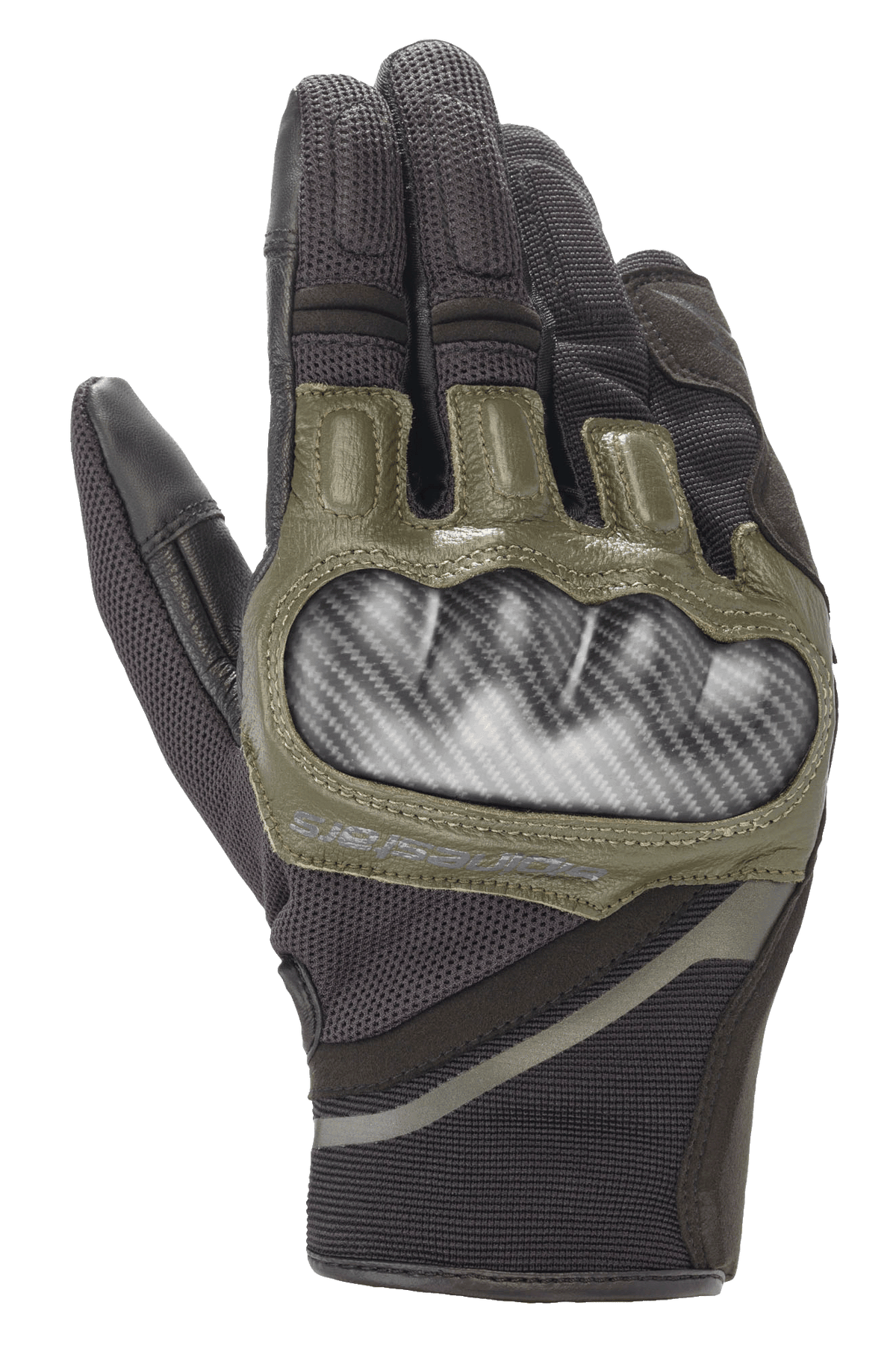 Alpinestars Chrome Gloves, Motorcycle Gloves, Black and Forest Green, featuring carbon-look hard knuckle protection, olive green leather accents, and durable multi-panel textile construction
