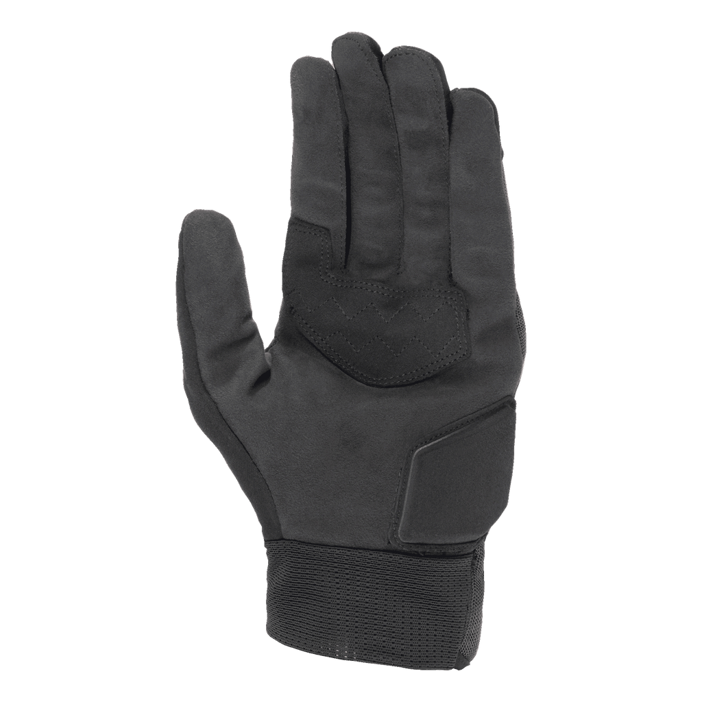 Alpinestars Stated Air-handskar, svarta, vy av handflatan som visar mjuk syntetisk mockatextur, förstärkt handflata med sicksacksömmar för grepp, vadderat skydd för handloven och en ribbad elastisk manschett