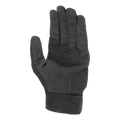 Alpinestars Stated Air-handskar, svarta, vy av handflatan som visar mjuk syntetisk mockatextur, förstärkt handflata med sicksacksömmar för grepp, vadderat skydd för handloven och en ribbad elastisk manschett
