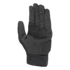 Alpinestars Stated Air-handskar, svarta, vy av handflatan som visar mjuk syntetisk mockatextur, förstärkt handflata med sicksacksömmar för grepp, vadderat skydd för handloven och en ribbad elastisk manschett