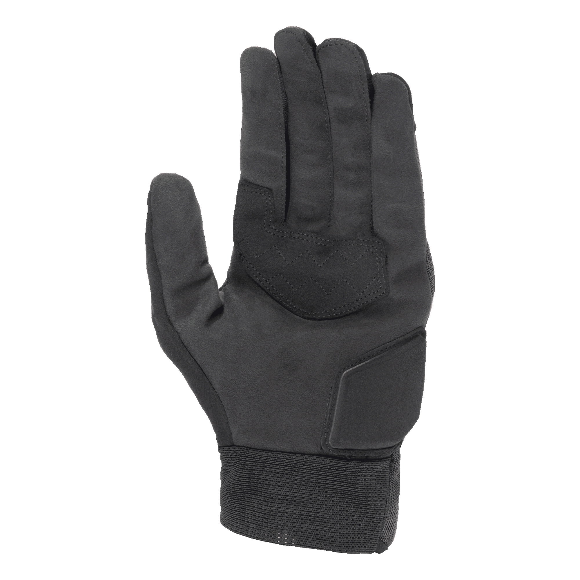 Alpinestars Stated Air-handskar, svarta, vy av handflatan som visar mjuk syntetisk mockatextur, förstärkt handflata med sicksacksömmar för grepp, vadderat skydd för handloven och en ribbad elastisk manschett