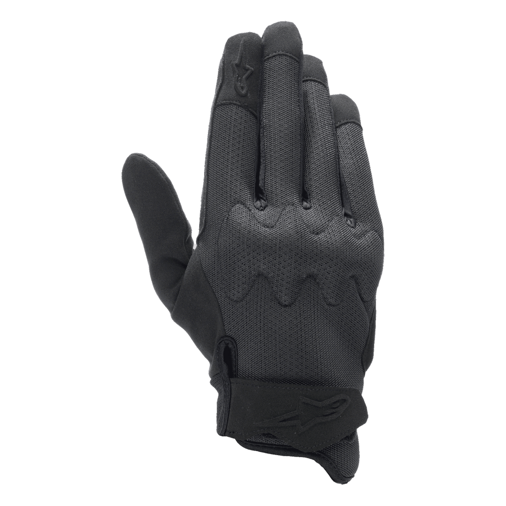 Alpinestars Stated Air-handskar, motorcykelhandskar, helsvarta, med baksida i Airprene-mesh som andas, integrerat Nucleon-knogskydd och urban design med låg profil samt Alpinestars-logotyp på handledsremmen