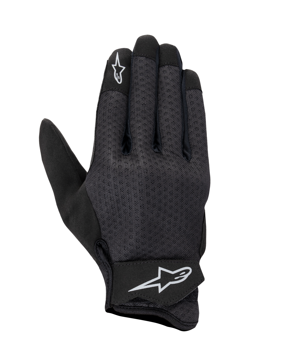 Alpinestars Stated Air Gloves, Motorcycle Gloves, Black, mesh backhand for maximum ventilation, white star logos on index finger and wrist strap, adjustable Velcro closure, lightweight synthetic material, streamlined urban design