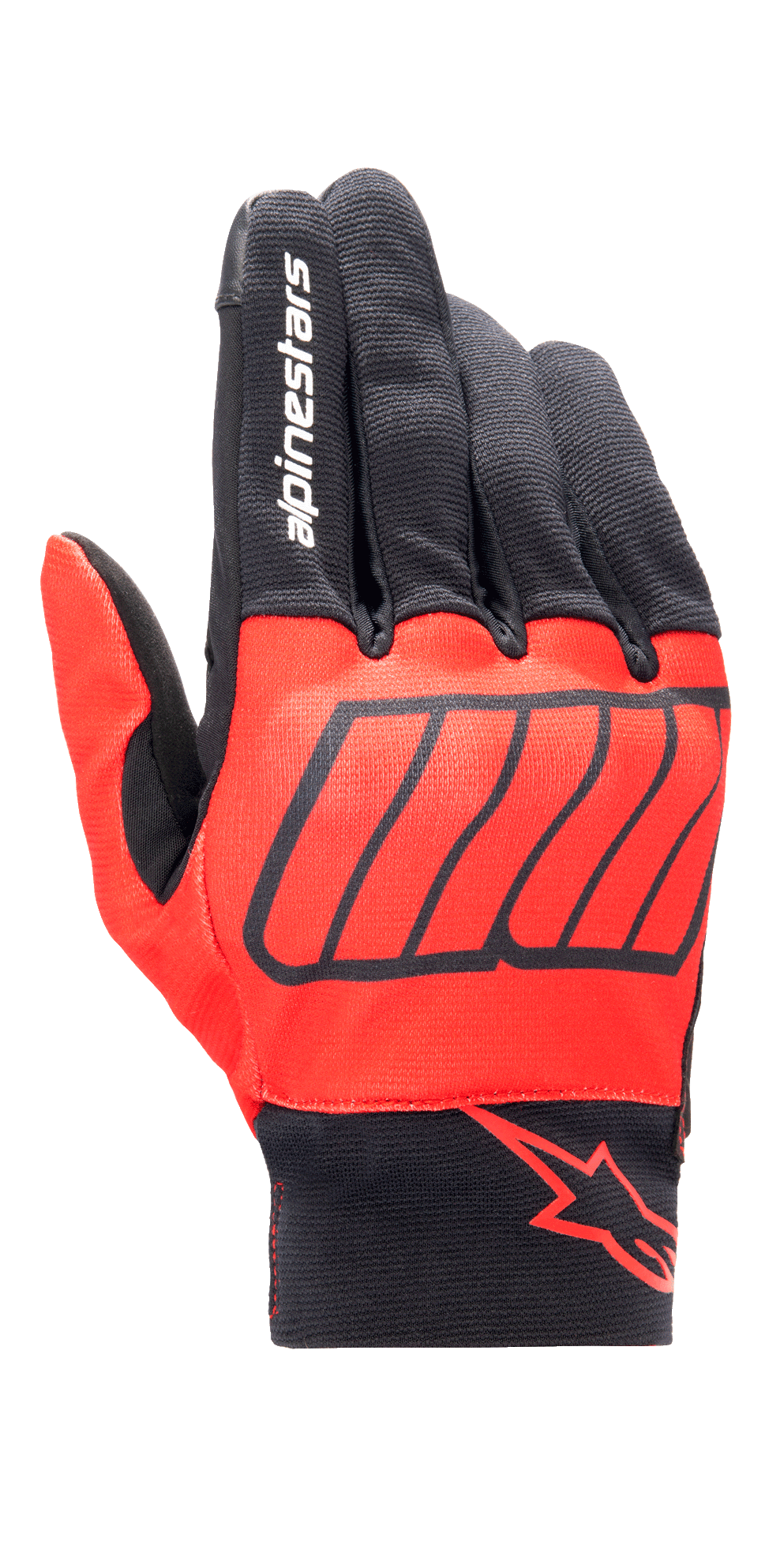Alpinestars Aragon handskar, motorcykelhandskar, klarröda och svarta, Marc Marquez MM93-kollektion, vit Alpinestars-logotyp på pekfingret och röd stjärnlogotyp på handleden, texturerat stretchtyg med diagonal grafik, design för stadskörning