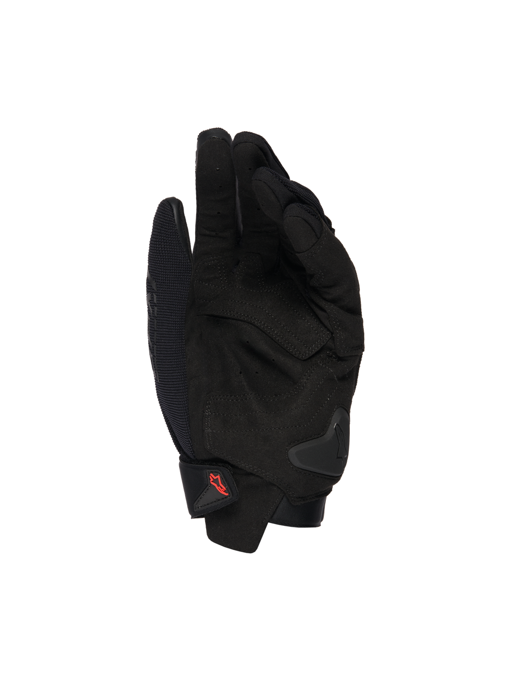 Alpinestars SP X 1-handskar, svarta motorcykelhandskar, handflatevy med syntetläderförstärkningar, förstärkta slagzoner, TPR-handflateglidare, kort manschettstängning med röd logotyp, skydd för sportkörning