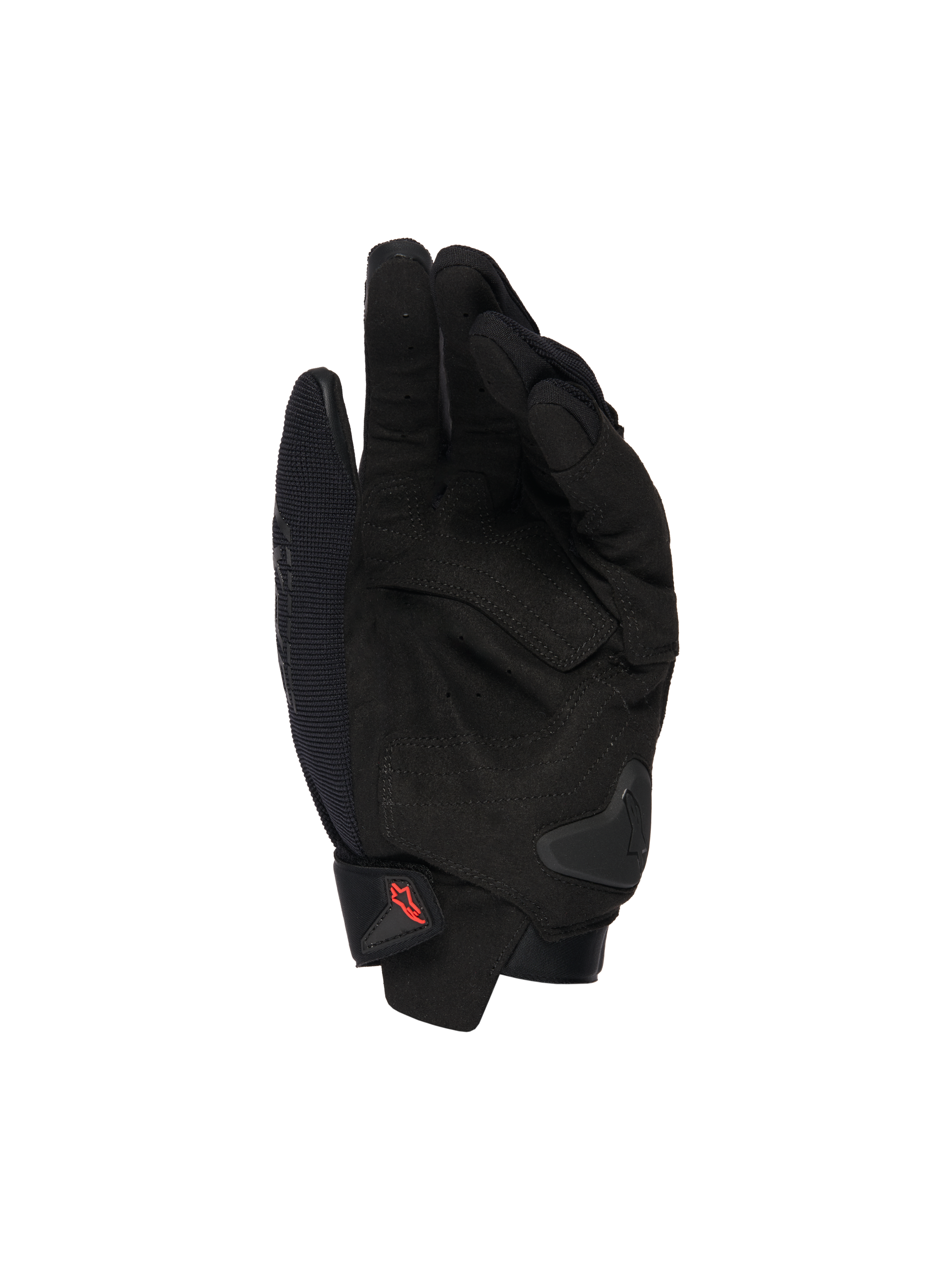 Alpinestars SP X 1-handskar, svarta motorcykelhandskar, handflatevy med syntetläderförstärkningar, förstärkta slagzoner, TPR-handflateglidare, kort manschettstängning med röd logotyp, skydd för sportkörning