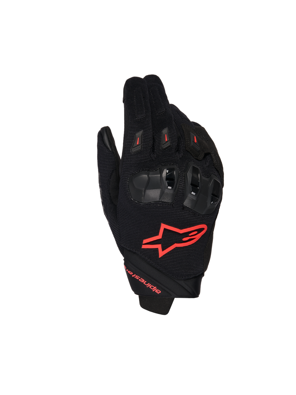 Alpinestars SP X 1 handskar, motorcykelhandskar för racing, svart och röd fluo, röd logotyp på ovansidan, ergonomiska svarta knogskydd, mesh-textilkonstruktion, smidig design med kort manschett för sportkörning