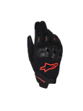 Alpinestars SP X 1 handskar, motorcykelhandskar för racing, svart och röd fluo, röd logotyp på ovansidan, ergonomiska svarta knogskydd, mesh-textilkonstruktion, smidig design med kort manschett för sportkörning