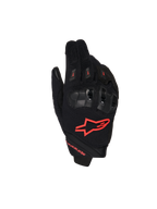 Alpinestars SP X 1 handskar, motorcykelhandskar för racing, svart och röd fluo, röd logotyp på ovansidan, ergonomiska svarta knogskydd, mesh-textilkonstruktion, smidig design med kort manschett för sportkörning