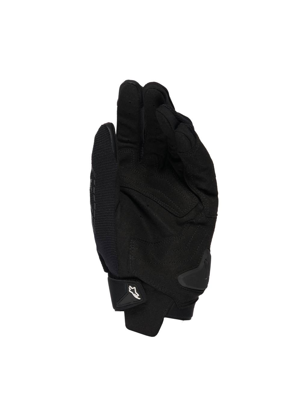 Alpinestars SP X 1-handskar, svarta, vy av handflatan som visar syntetläderkonstruktion för grepp, TPR-glidskydd för stötskydd och justerbar manschett med vit Alpinestars-logotyp, sportutrustning för motorcykel