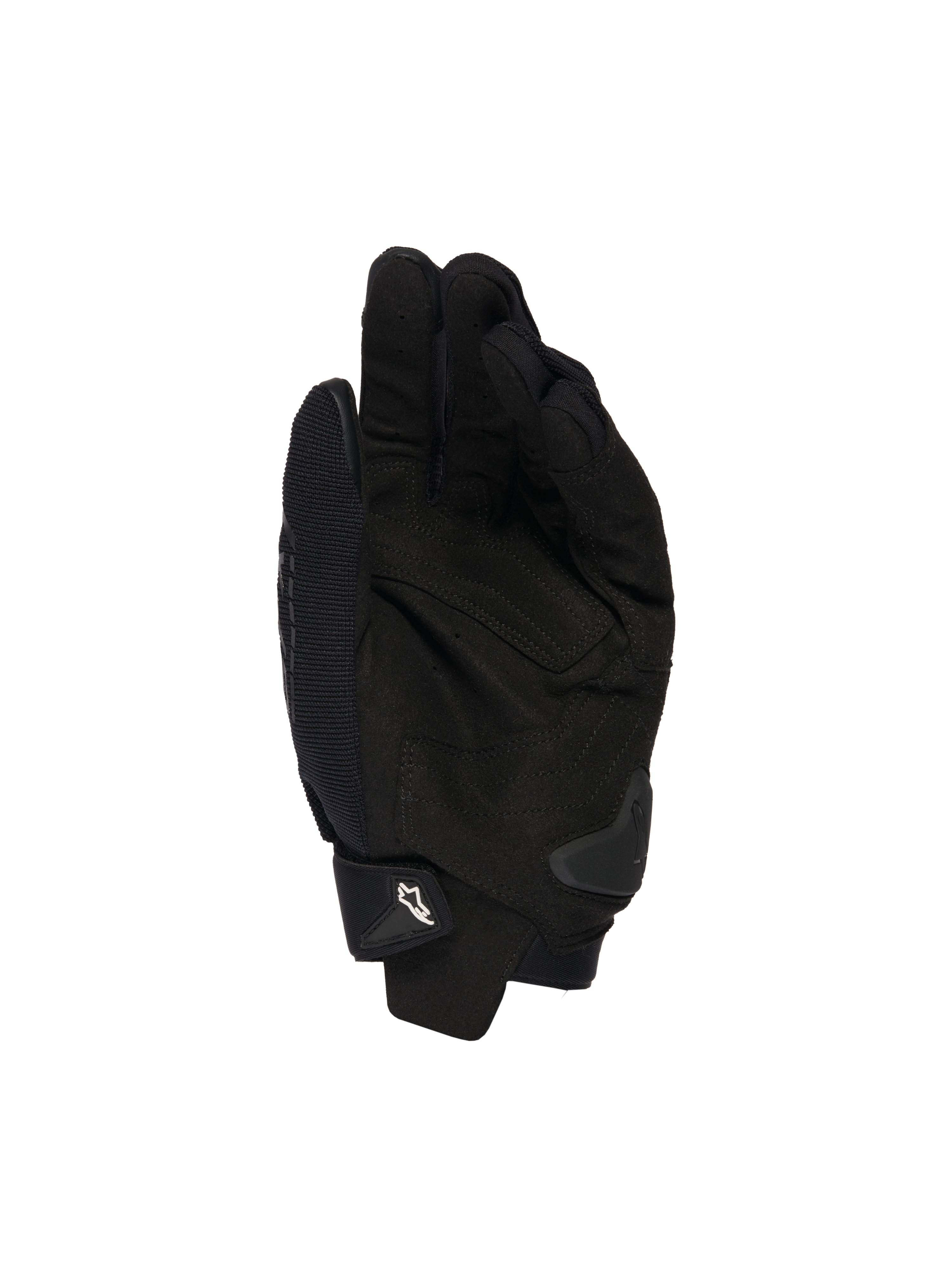 Alpinestars SP X 1-handskar, svarta, vy av handflatan som visar syntetläderkonstruktion för grepp, TPR-glidskydd för stötskydd och justerbar manschett med vit Alpinestars-logotyp, sportutrustning för motorcykel