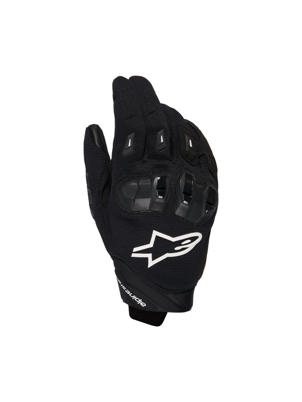 Alpinestars SP X 1 handskar, motorcykelhandskar för sportkörning, svarta med vit logotyp, vy ovanifrån som visar TPR-knogskydd och ventilerande meshtyg, skyddsutrustning för väg- och sportkörning