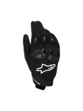 Alpinestars SP X 1 handskar, motorcykelhandskar för sportkörning, svarta med vit logotyp, vy ovanifrån som visar TPR-knogskydd och ventilerande meshtyg, skyddsutrustning för väg- och sportkörning