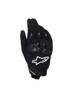 Alpinestars SP X 1 handskar, motorcykelhandskar för sportkörning, svarta med vit logotyp, vy ovanifrån som visar TPR-knogskydd och ventilerande meshtyg, skyddsutrustning för väg- och sportkörning