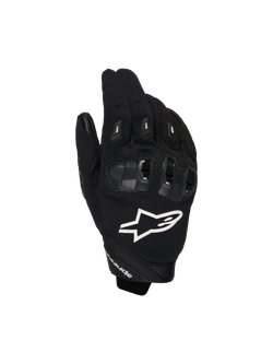 Alpinestars SP X 1 Gloves, Motorcycle Sport Gloves, Black with White Logo, top view showing TPR knuckle protection and ventilated mesh fabric, protective gear for road and sport riding