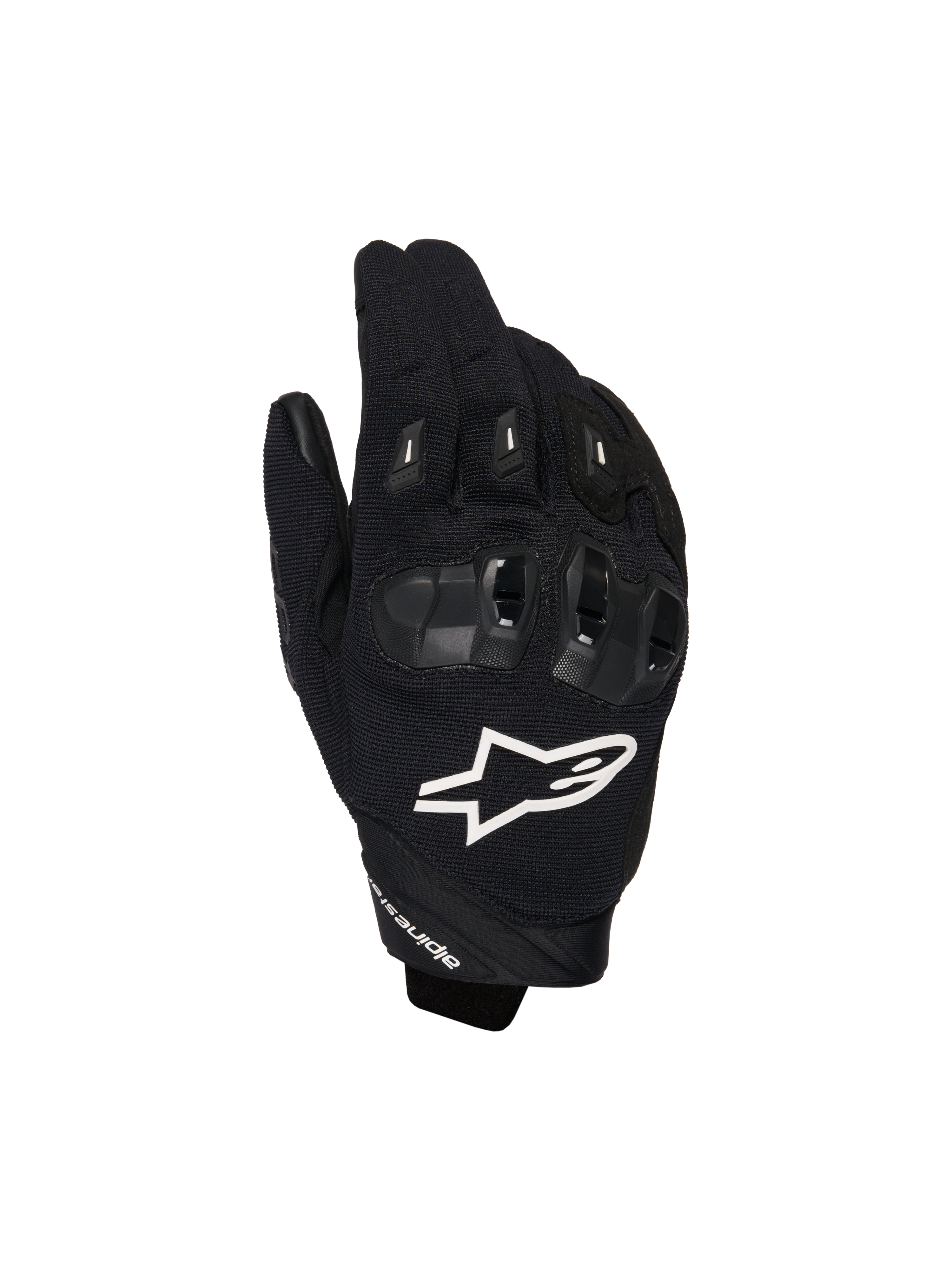 Alpinestars SP X 1 handskar, motorcykelhandskar för sportkörning, svarta med vit logotyp, vy ovanifrån som visar TPR-knogskydd och ventilerande meshtyg, skyddsutrustning för väg- och sportkörning